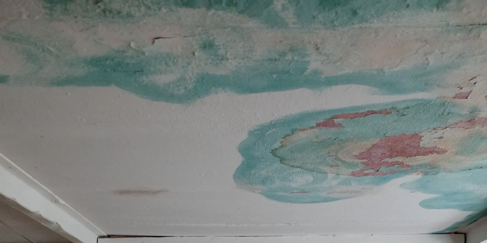 Waterschade en vochtplekken op een plafond door een daklekkage